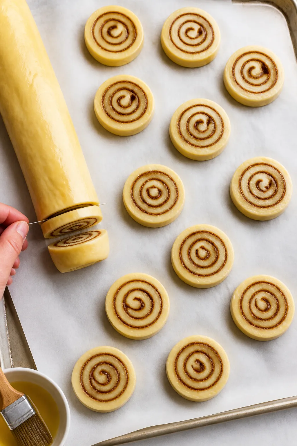 Overhead process shot: Chilled cookie log being cleanly sliced into 1/2-inch rounds with unflavored