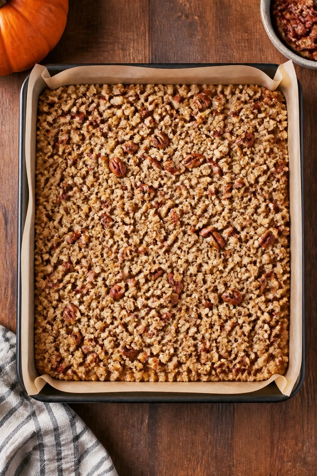 Overhead process shot: The assembled, unbaked Pumpkin Cream Cheese Coffee Cake in a parchment-lined