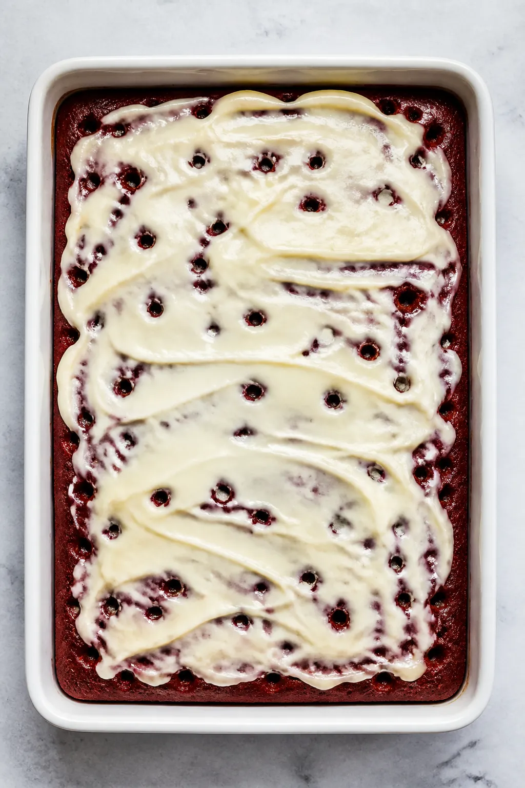 Overhead “soak and set” process shot: of the cake covered with a layer of pale vanilla-cheesecak