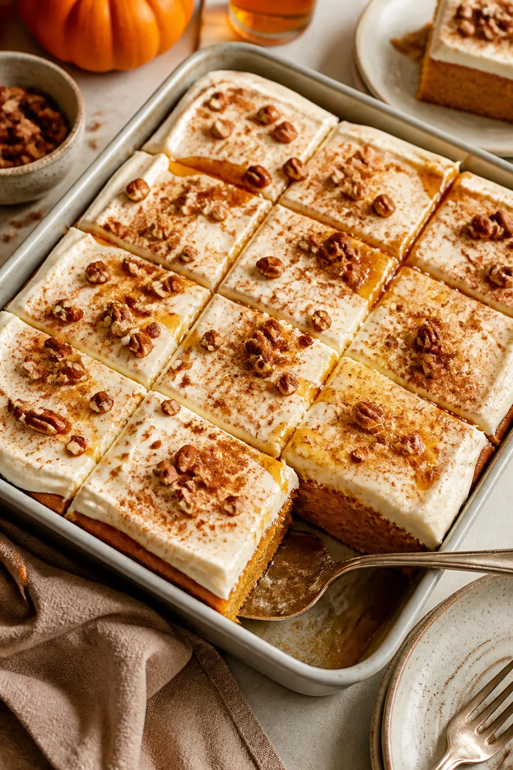 Overhead “tasty top” shot: Fully chilled and frosted Pumpkin Spice Poke Cake, spread with a bill
