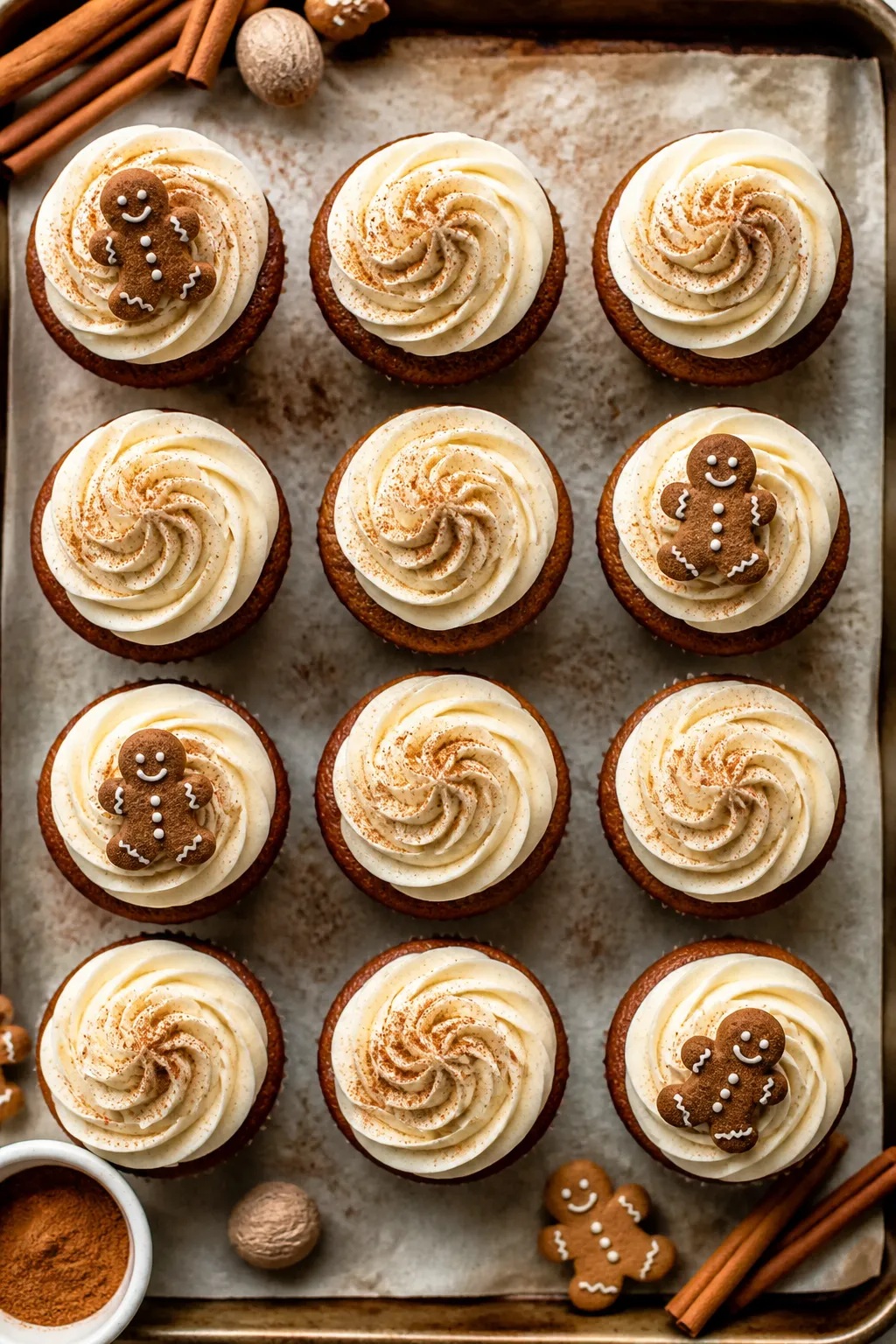 Overhead “tasty top view”: A neat grid of frosted gingerbread cupcakes on a parchment-lined baki