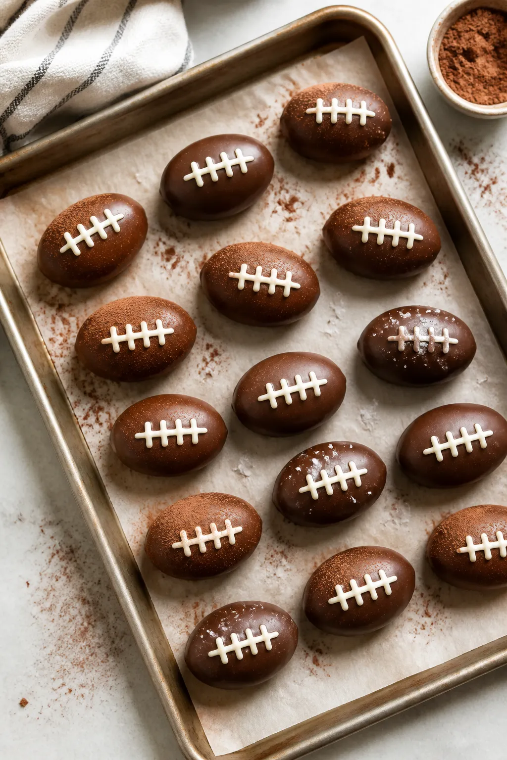 Overhead “tasty top view”: a parchment-lined sheet pan filled with neatly arranged football choc