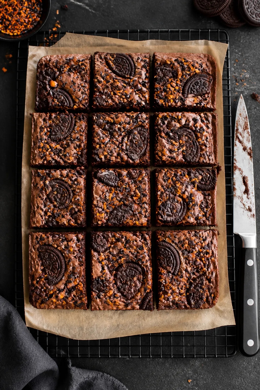 Overhead “tasty top view” of a cooling slab of Halloween Oreo Brownies on a wire rack, parchment