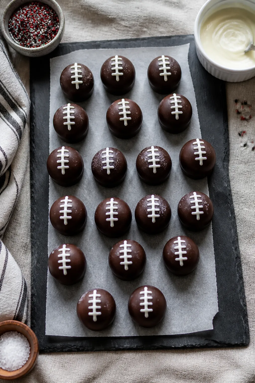 Overhead “tasty top view” of a game day platter of finished Football Buckeye Bites arranged like