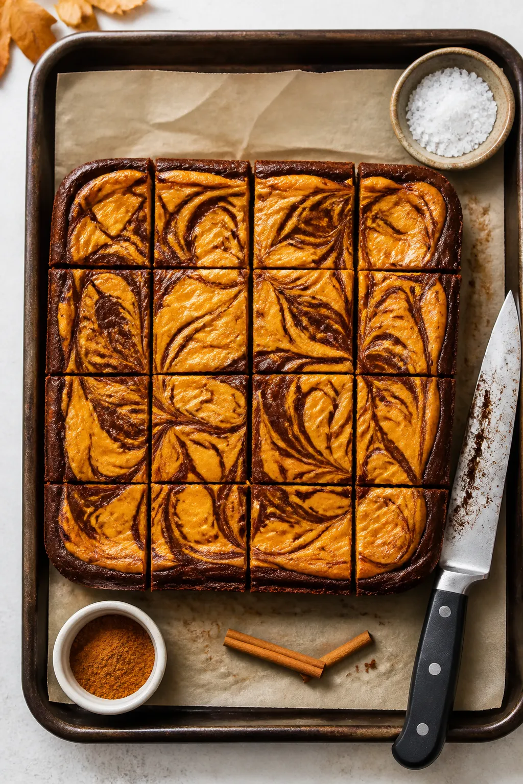 Overhead “tasty top view” of a parchment-lined 8-inch square slab of pumpkin cheesecake brownies