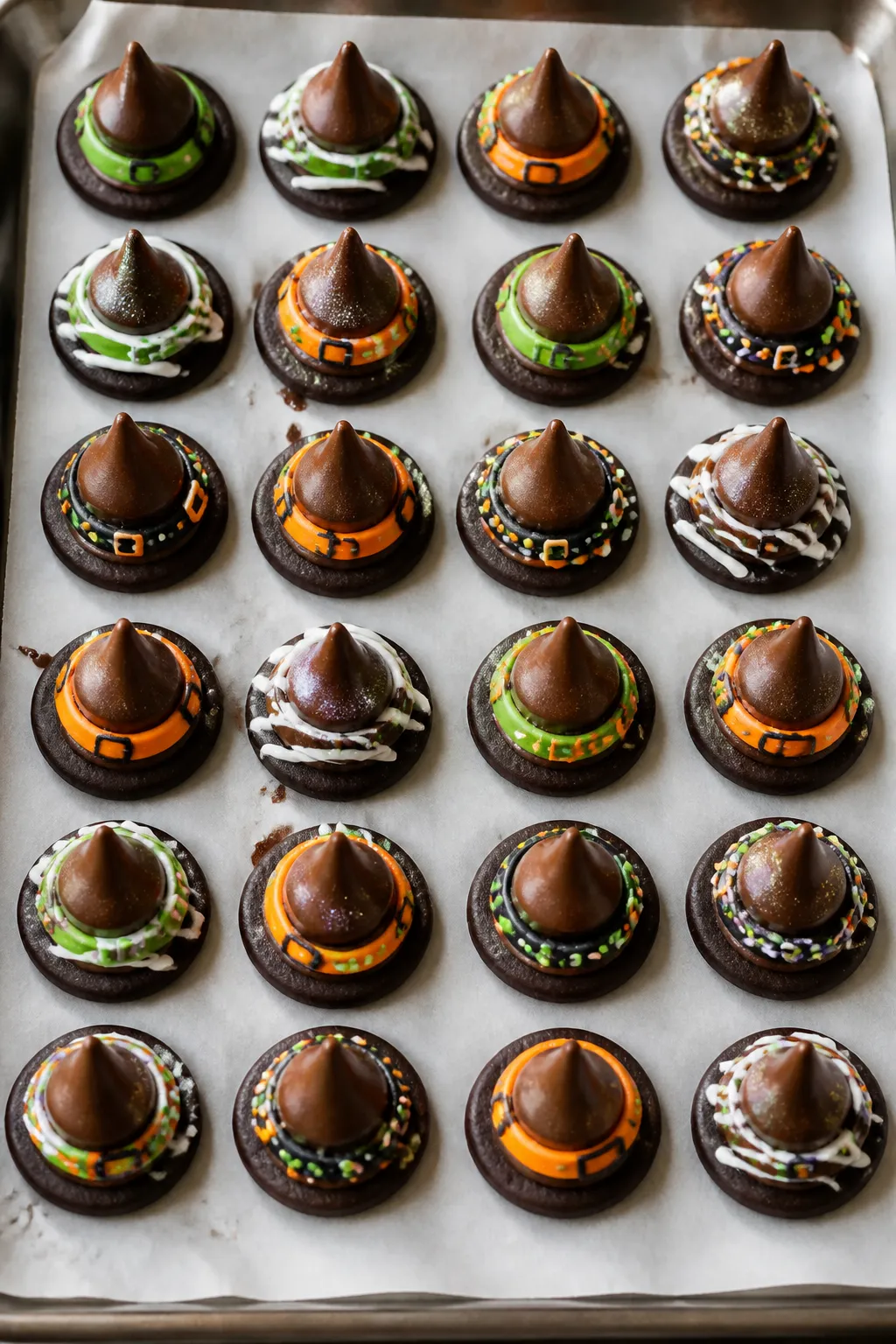 Overhead “tasty top view” of a parchment-lined tray filled with assembled Witch Hat Cookies at t