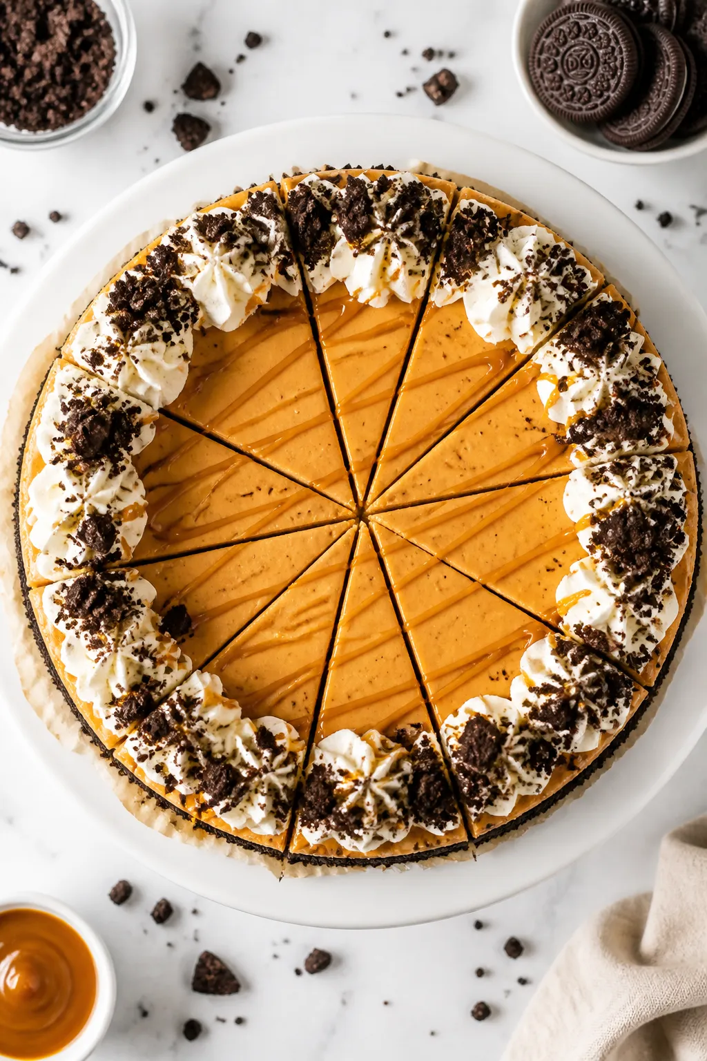 Overhead “tasty top view” of the fully chilled and finished Pumpkin Oreo Cheesecake on a simple