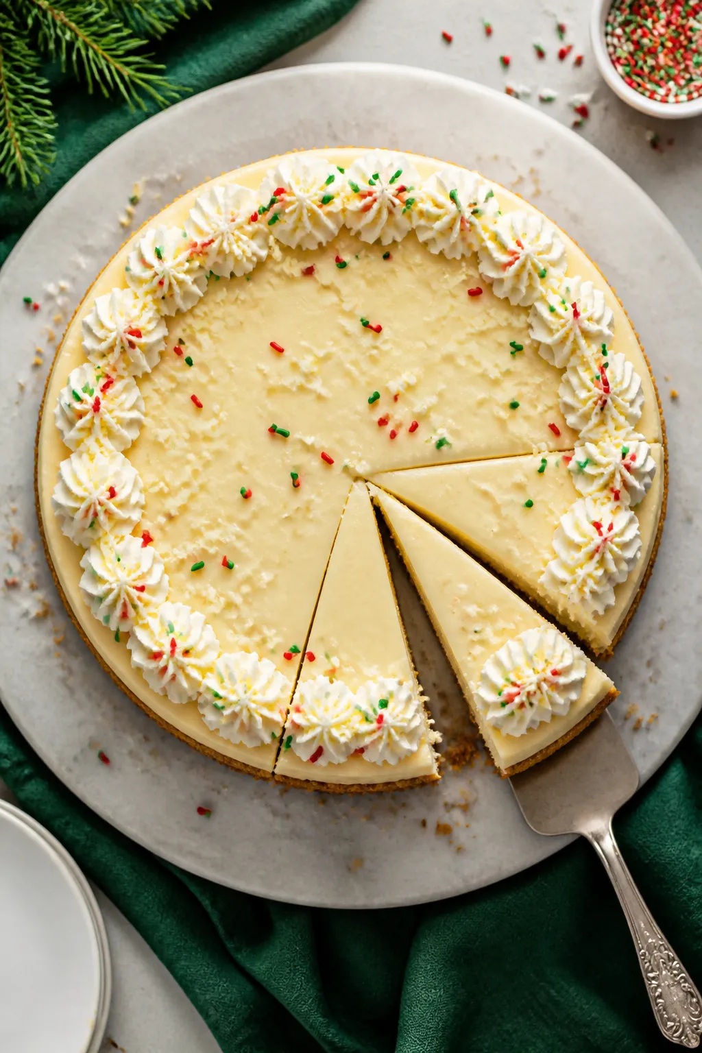 Overhead “tasty top view” of the whole Christmas Sprinkle Cheesecake on a serving platter after 