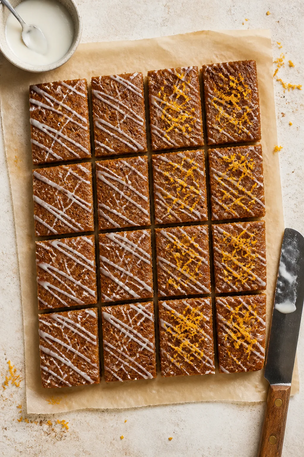 Overhead tasty top view: The cooled gingerbread bar slab lifted onto parchment and drizzled with a t