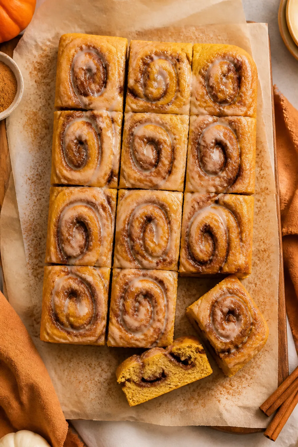 Overhead “tasty top view”: The Pumpkin Cinnamon Roll Cake sliced into neat squares on a parchmen