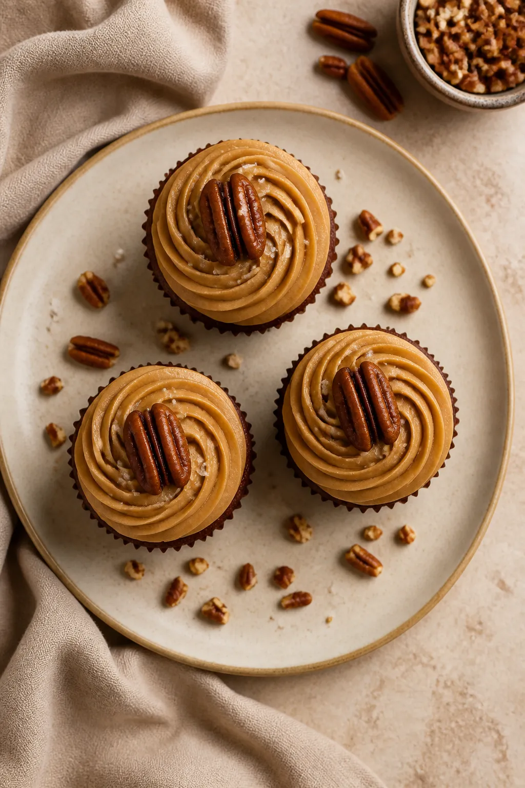 Overhead top-down shot of a trio of finished Bourbon Pecan Pie Cupcakes on a matte ceramic plate: ta