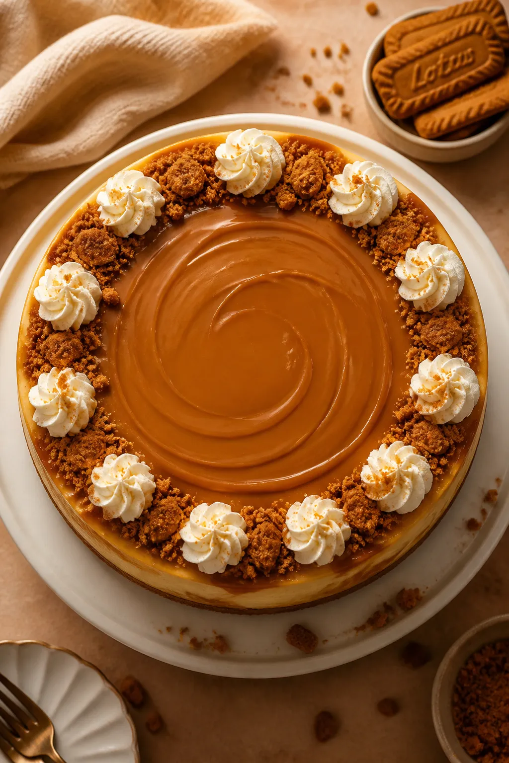Overhead, top-down shot of the fully chilled Pumpkin Biscoff Cheesecake just topped: glossy, warm-br