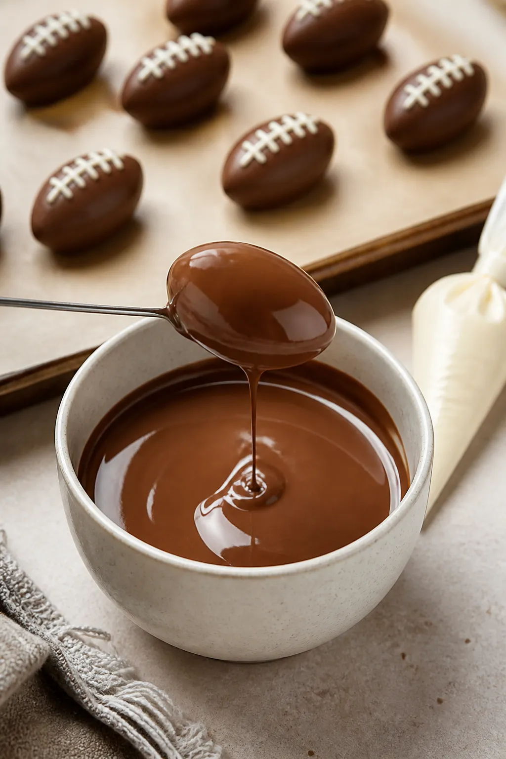 Process-focused scene: chilled, shaped football truffles being coated—one truffle perched on a dip