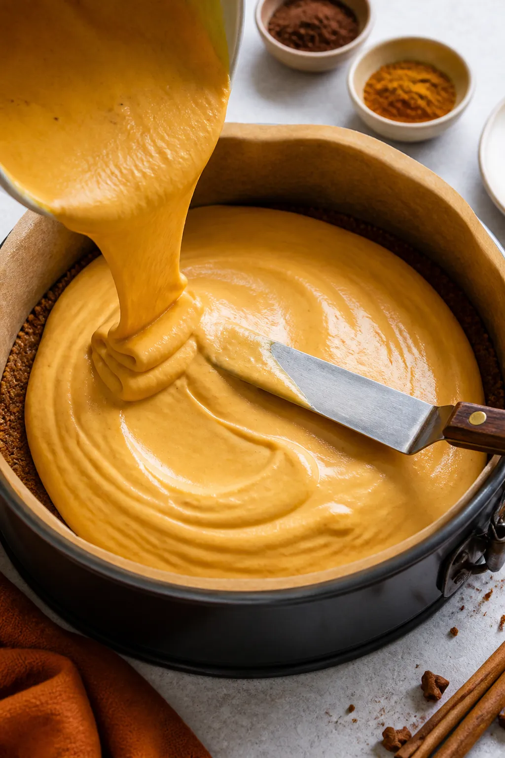 Process shot: Pouring and smoothing the sweet potato cheesecake filling over the warm, set crust in 