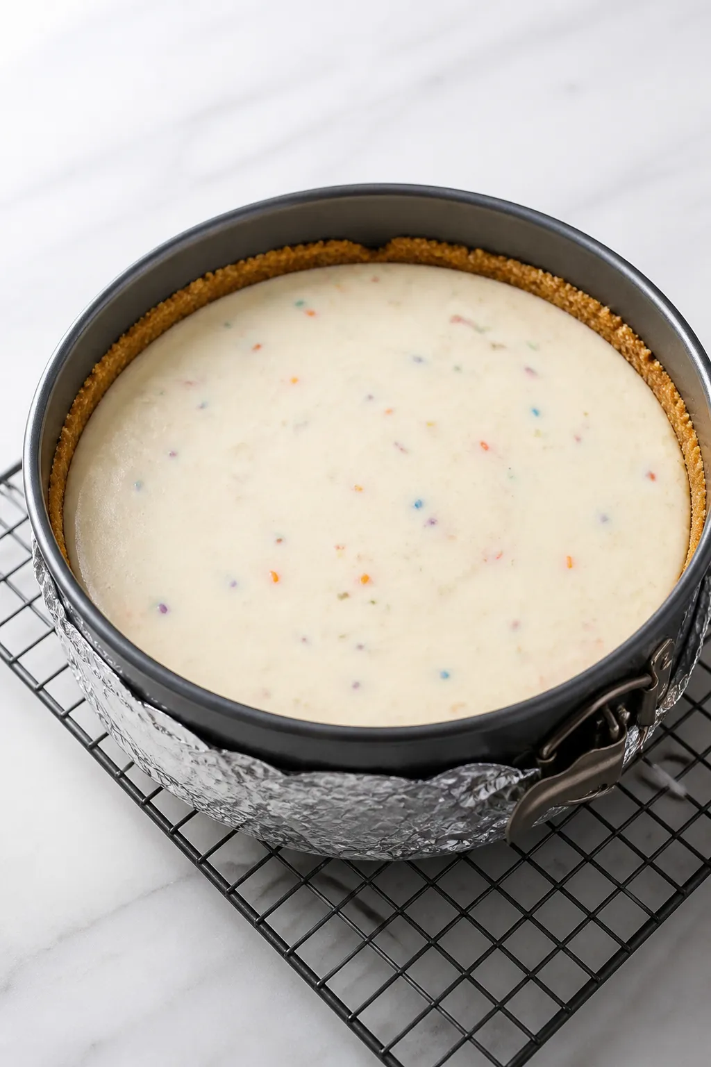 Process shot, three-quarter angle, of the par-baked graham cracker crust being filled with the finis