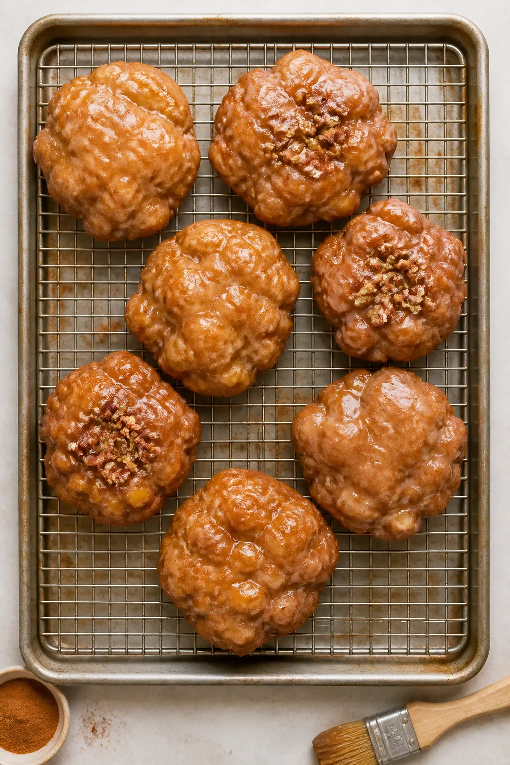 Tasty overhead: of a cooling rack set over a sheet pan holding freshly fried apple fritters just gla