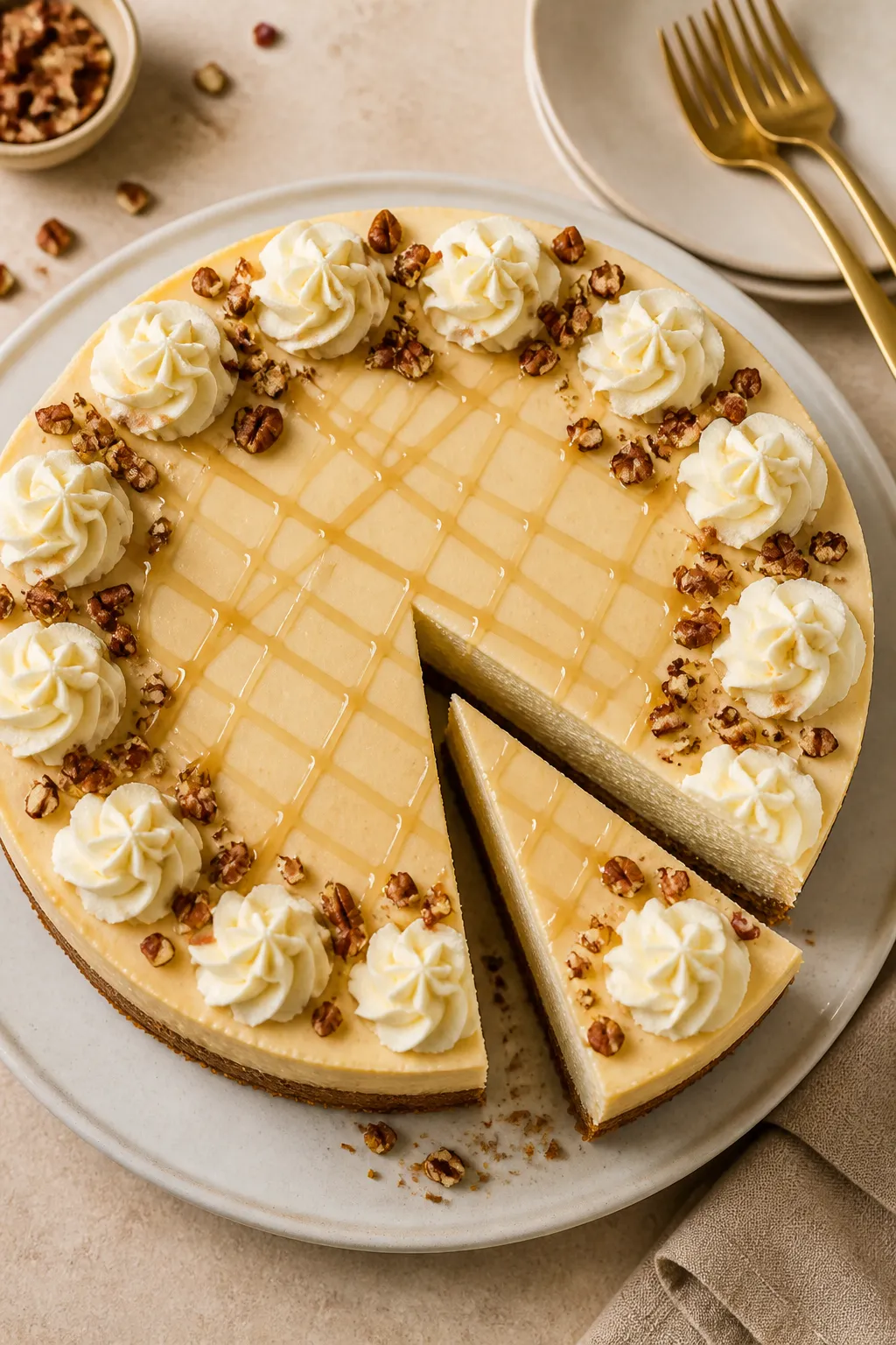 Tasty top view (final presentation): Overhead shot of the whole chilled cheesecake on a simple ceram