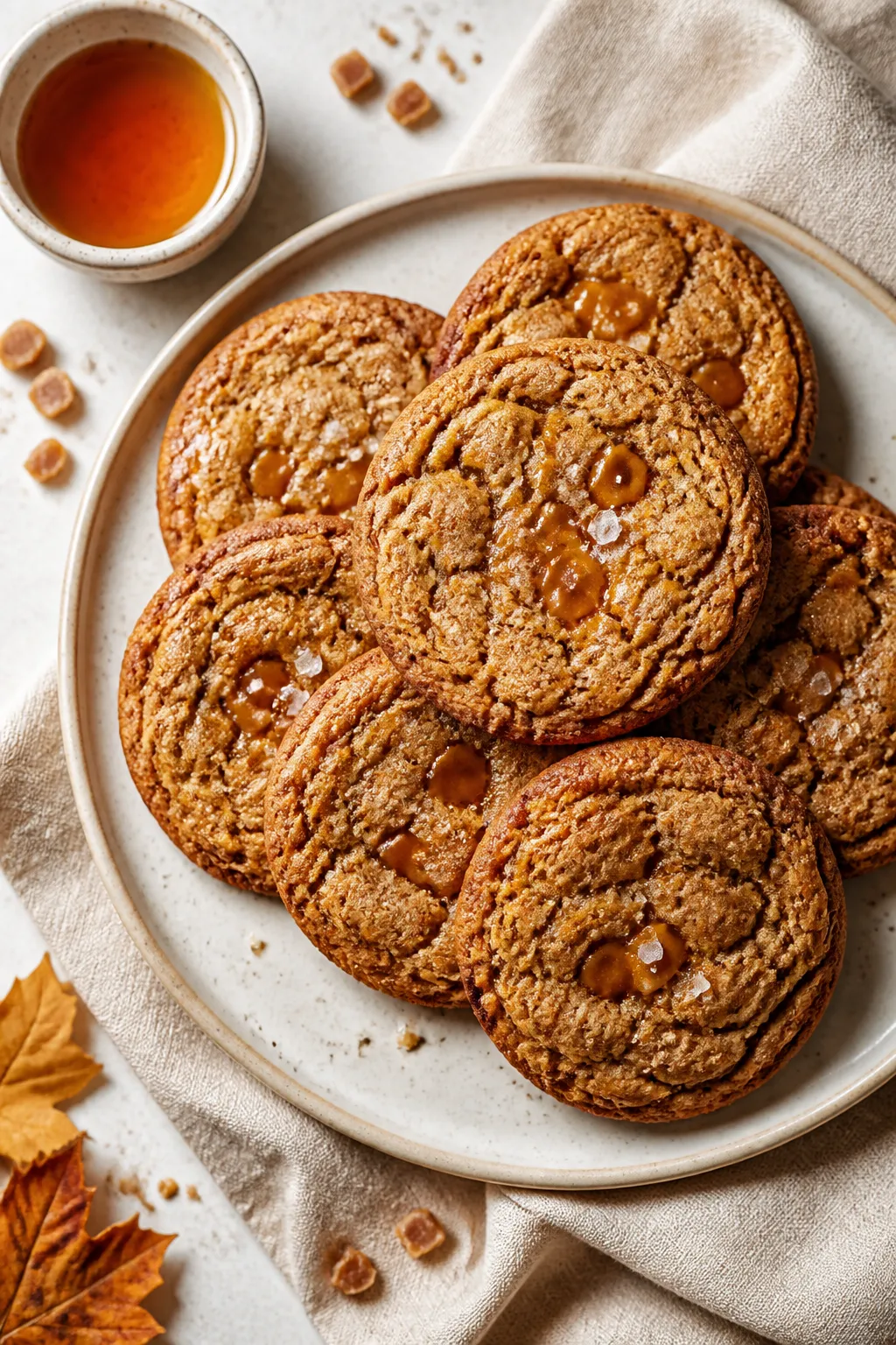 Tasty top view final presentation: Overhead shot of a plate of Maple Toffee Cookies with crackly, cr