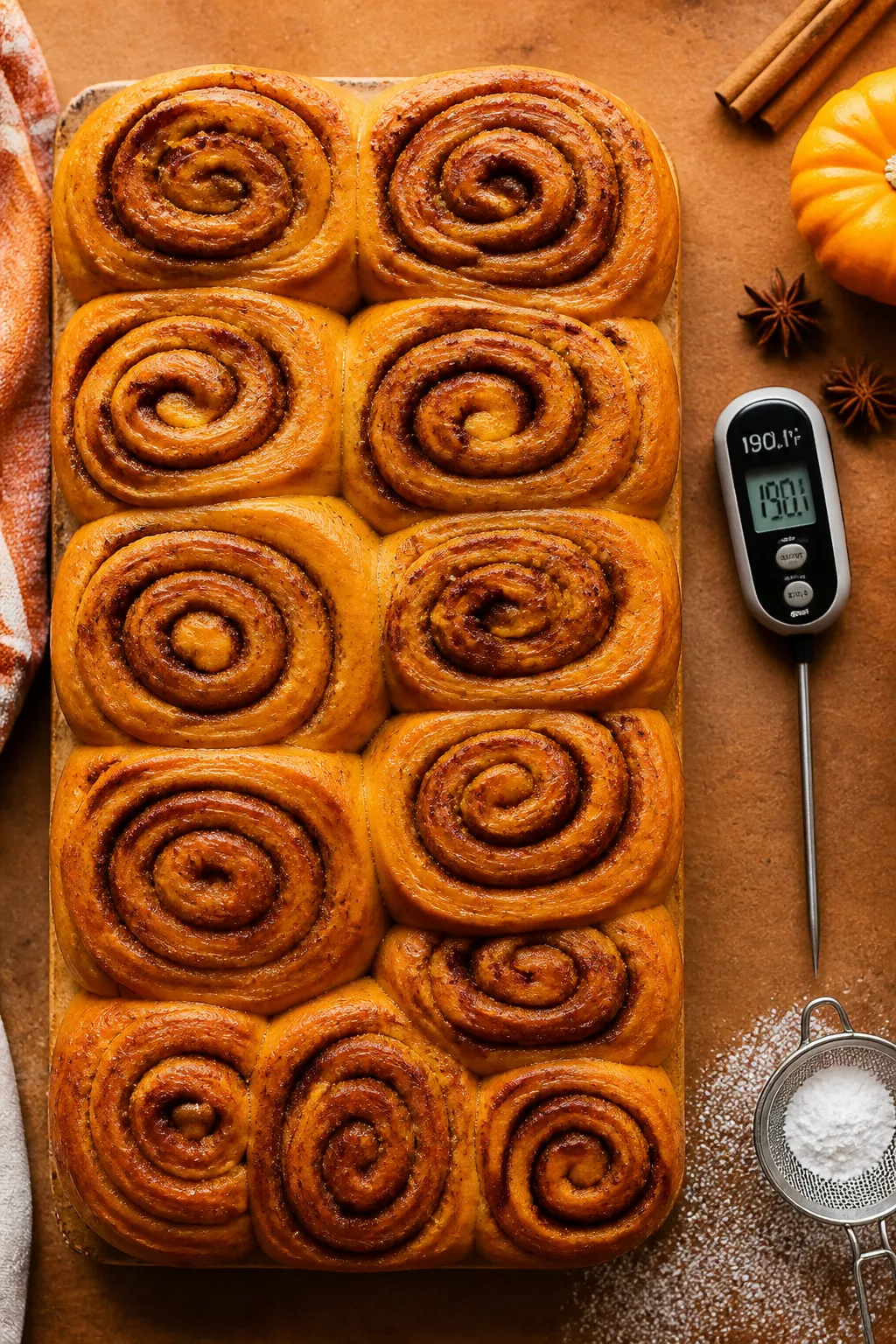 Tasty top view: Overhead shot of a 12x16-inch rolled log of baked and sliced pumpkin spice cinnamon
