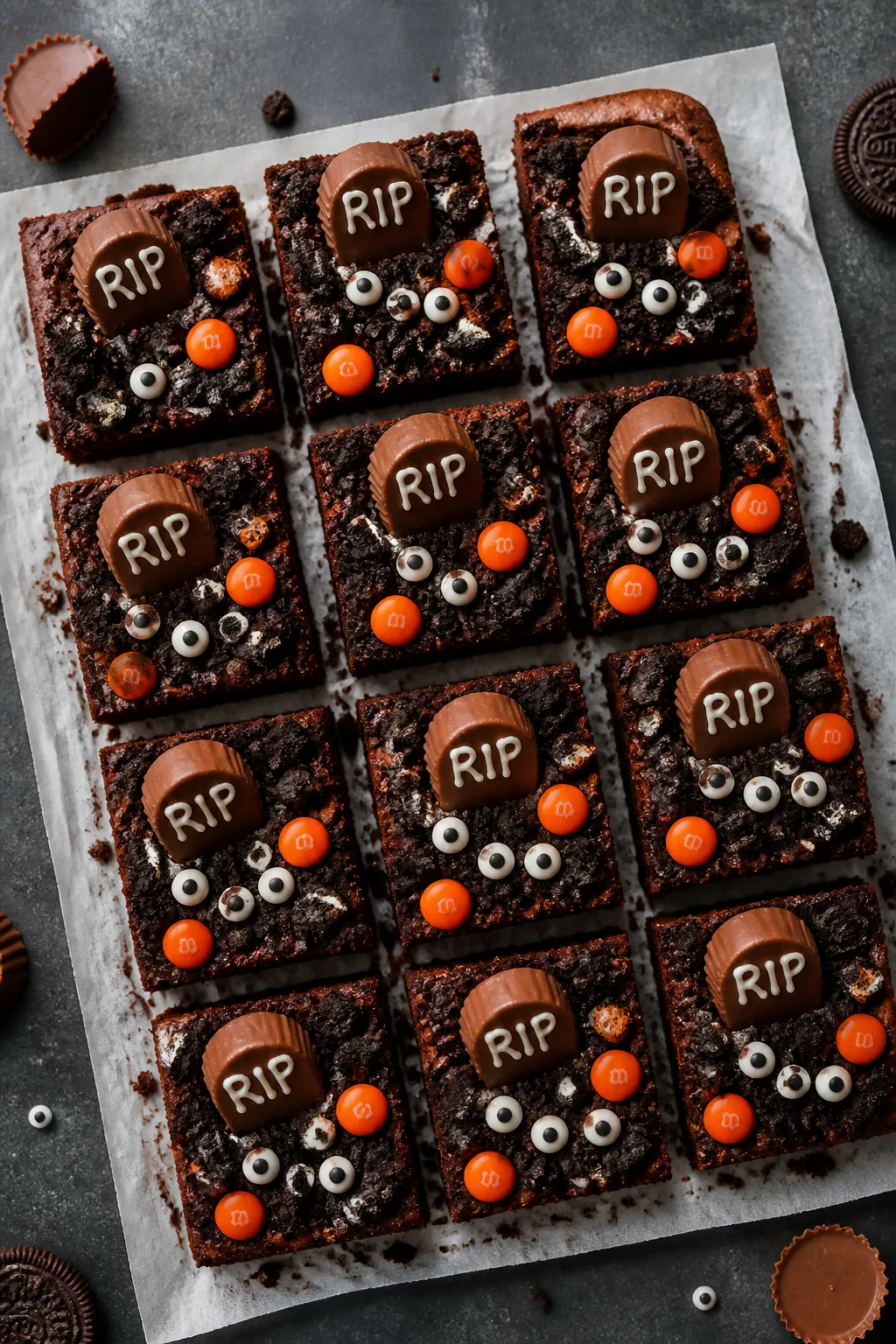 Tasty top view: Overhead shot of a cookies-and-cream “graveyard” brownie slab on parchment, cut 