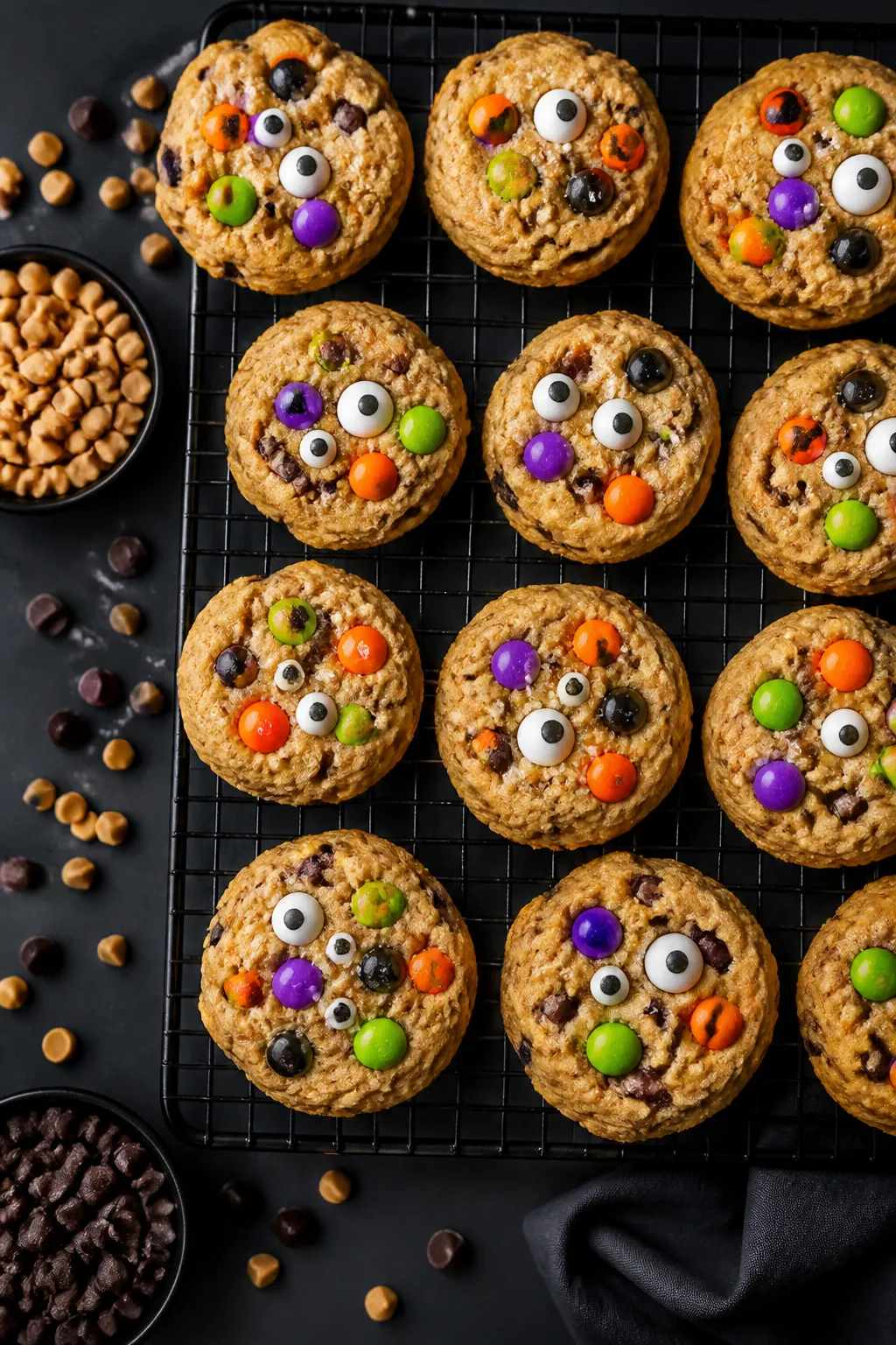 Tasty top view: Overhead shot of a cooling rack filled with assorted Monster Cookies, each studded w