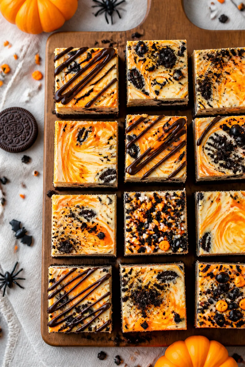 Tasty top view: Overhead shot of a cutting board with neatly sliced Halloween Oreo cheesecake bars,