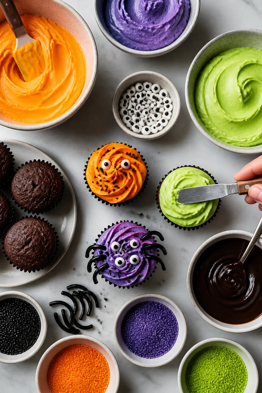 Tasty top view: overhead shot of a decorating station with fully cooled cupcakes being frosted—bow