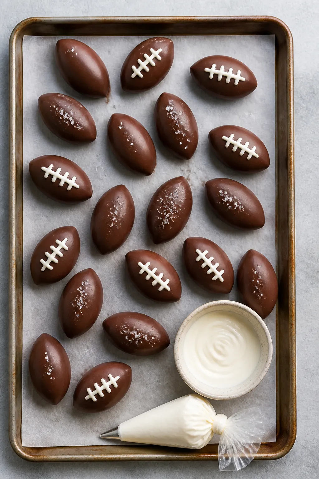 Tasty top view: Overhead shot of a parchment-lined baking sheet filled with freshly coated chocolate
