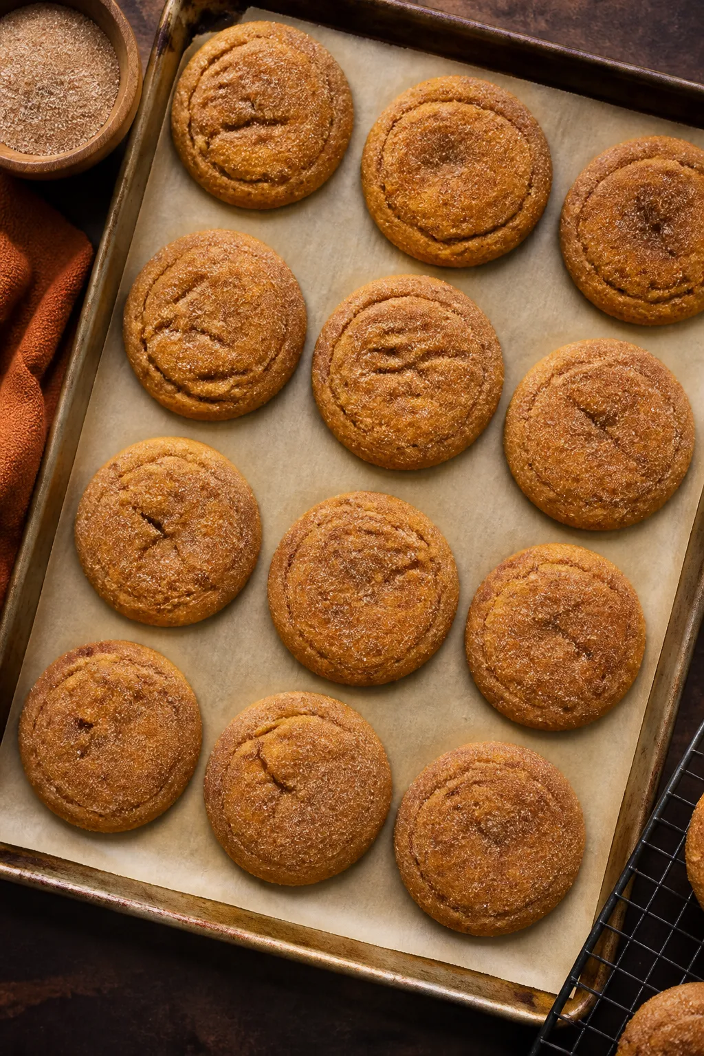 Tasty top view: Overhead shot of a parchment-lined baking sheet filled with just-baked Pumpkin Chees