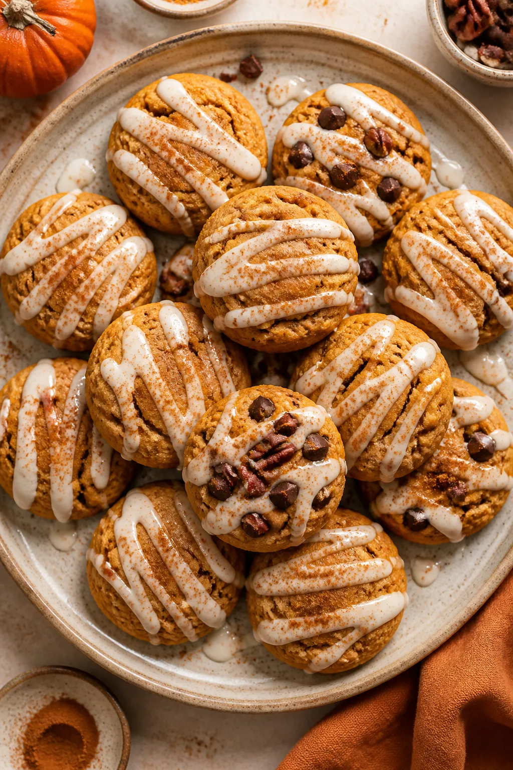 Tasty top view: Overhead shot of a rustic platter piled with glazed pumpkin pie cookies, each cookie