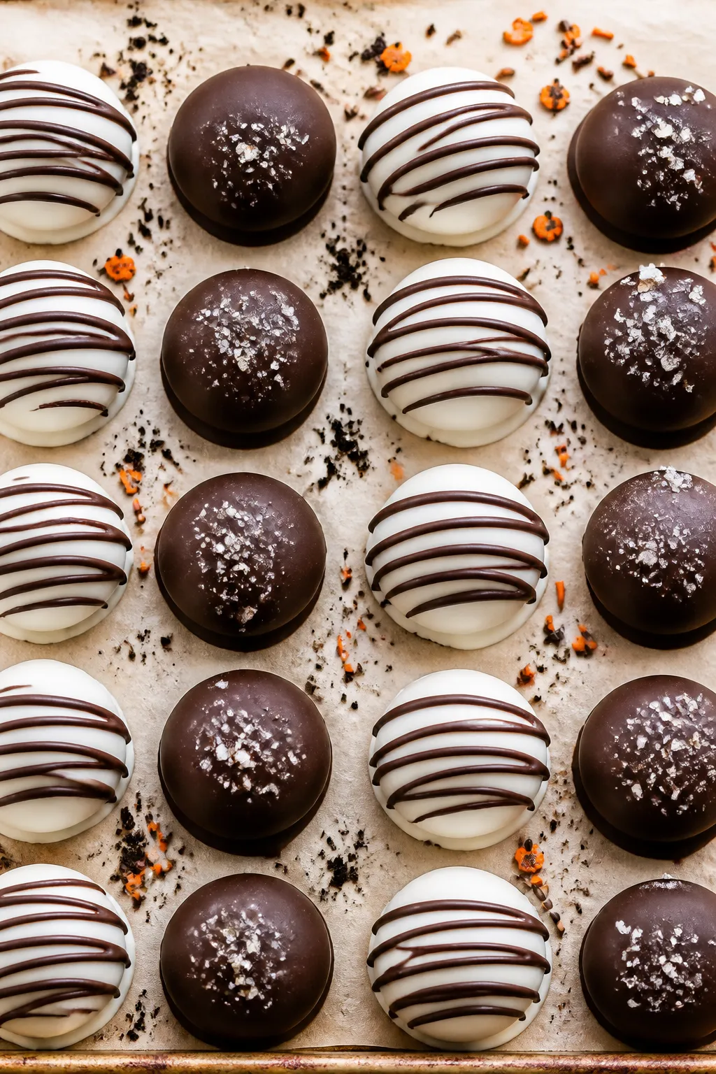Tasty top view: Overhead shot of an assortment of Pumpkin Oreo Balls set on a parchment-lined sheet,