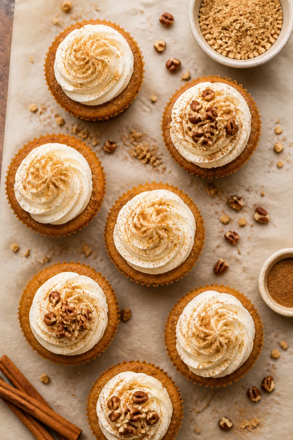 Tasty top view: Overhead shot of chilled pumpkin pie cupcakes topped with generous swirls of whipped