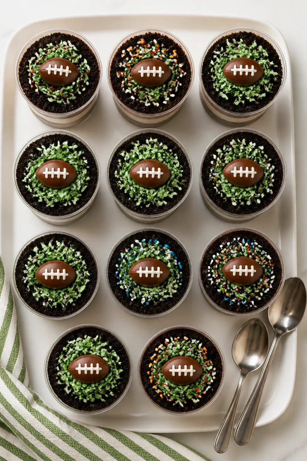 Tasty top view: Overhead shot of finished Football Dirt Cups arranged in a casual grid on a white tr