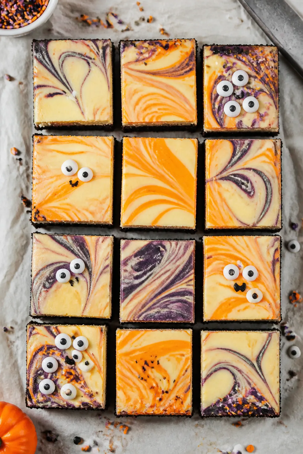 Tasty top view: Overhead shot of fully chilled and sliced Halloween cheesecake bars arranged in a ne