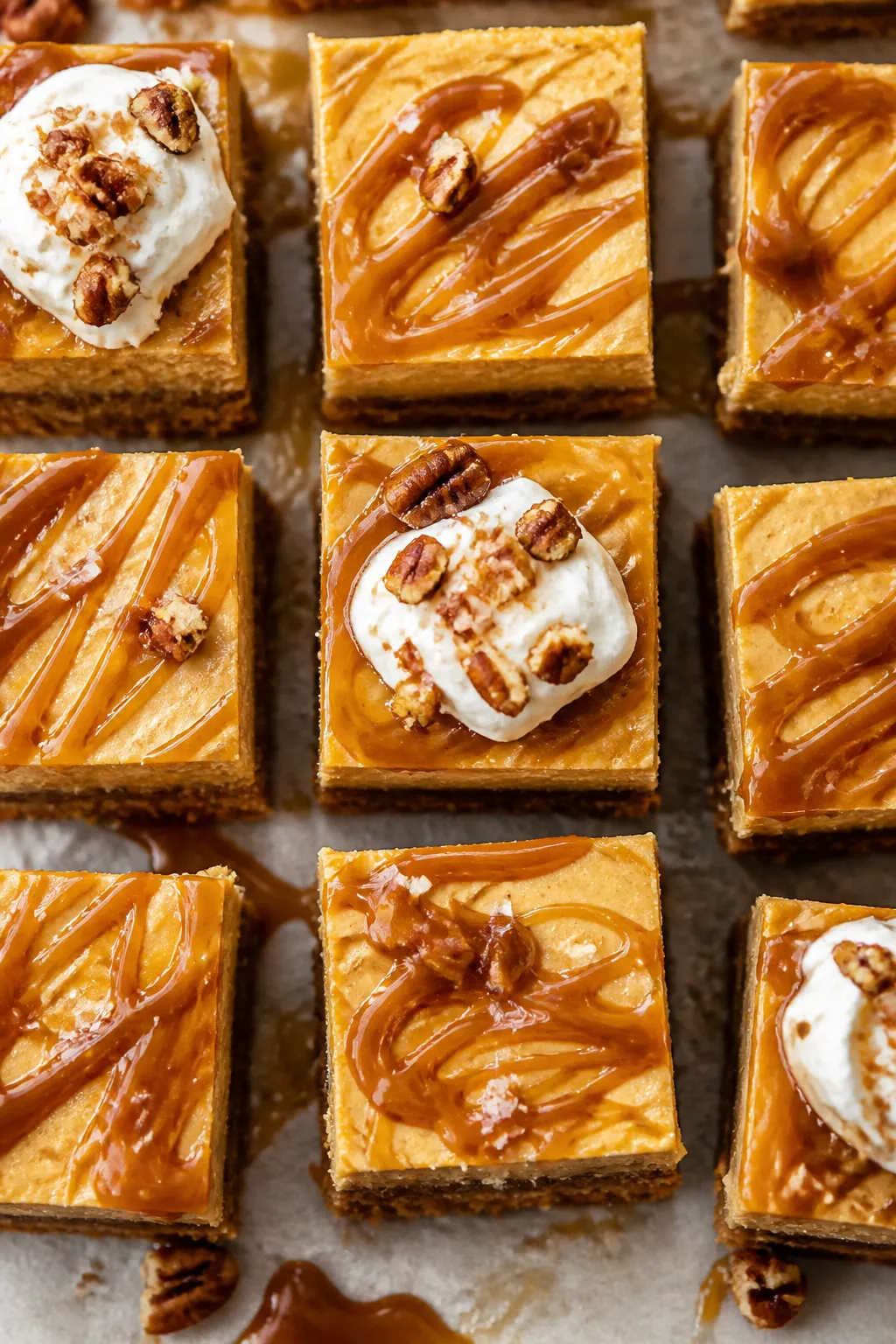 Tasty top view: Overhead shot of fully chilled Pumpkin Caramel Cheesecake Bars sliced into neat squa
