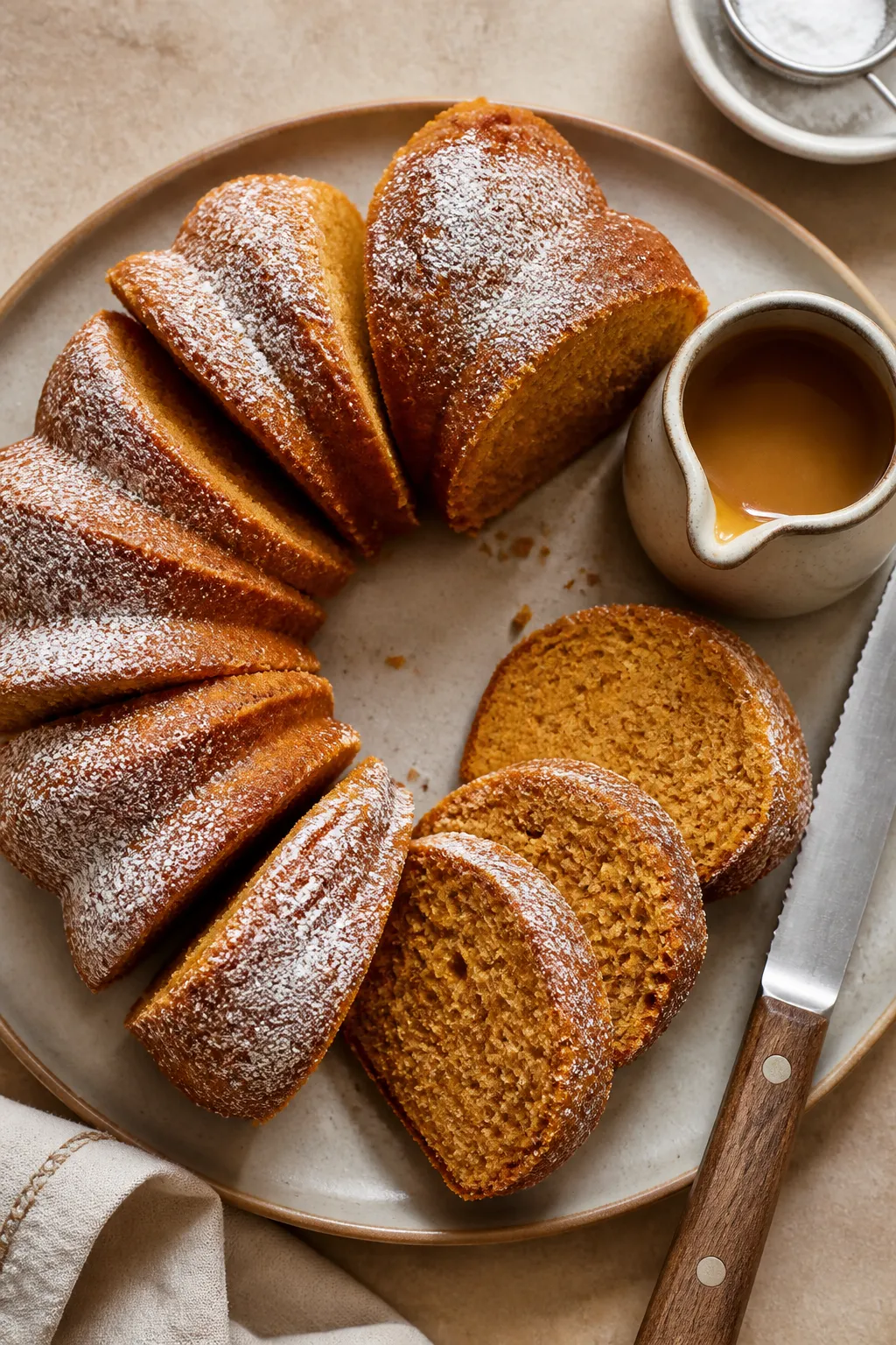 Tasty top view — Overhead shot of neatly sliced Pumpkin Spice Bundt Cake arranged in a loose ring 