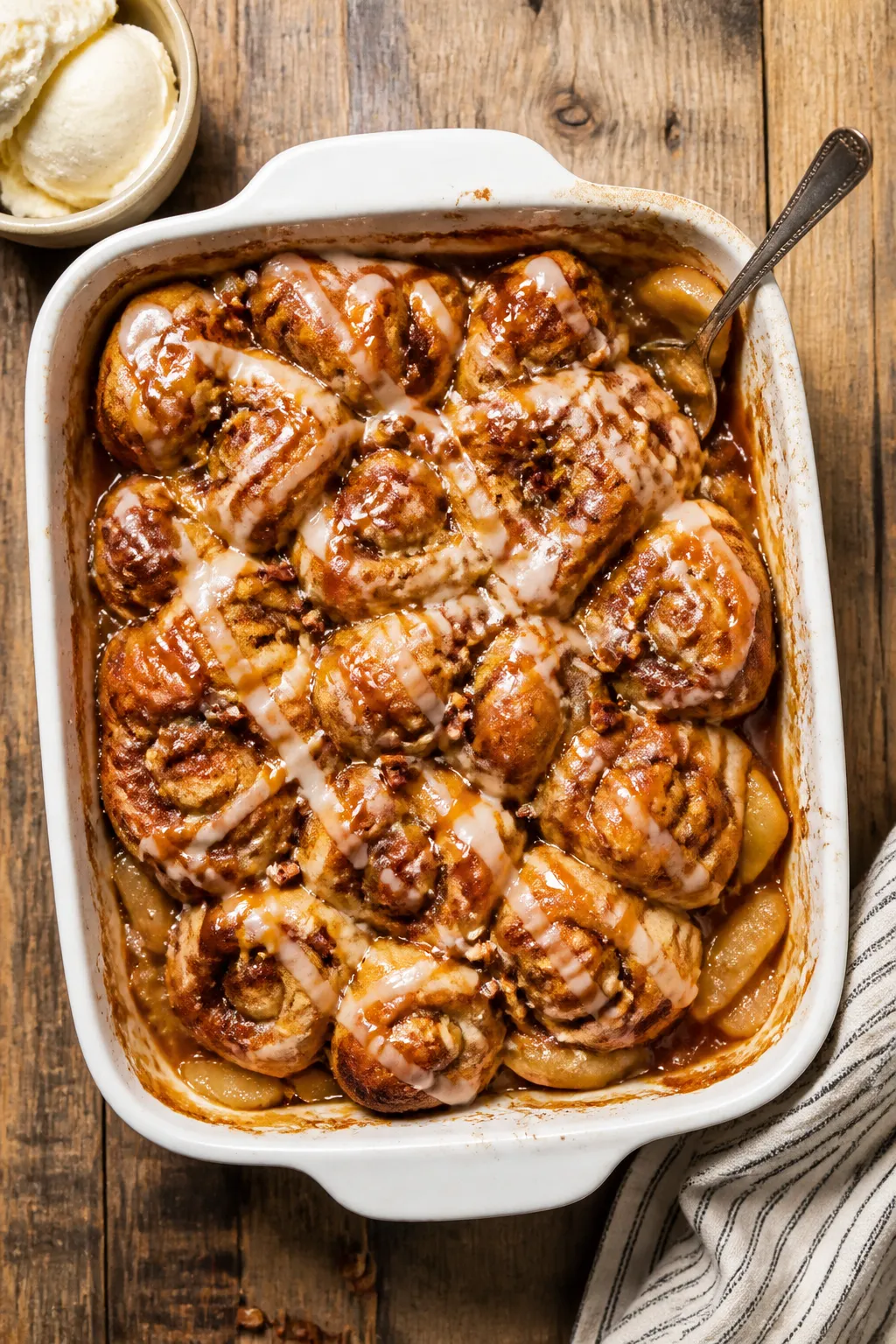 Tasty top view: Overhead shot of the baked Cinnamon Roll Apple Cobbler in a rectangular baking dish,