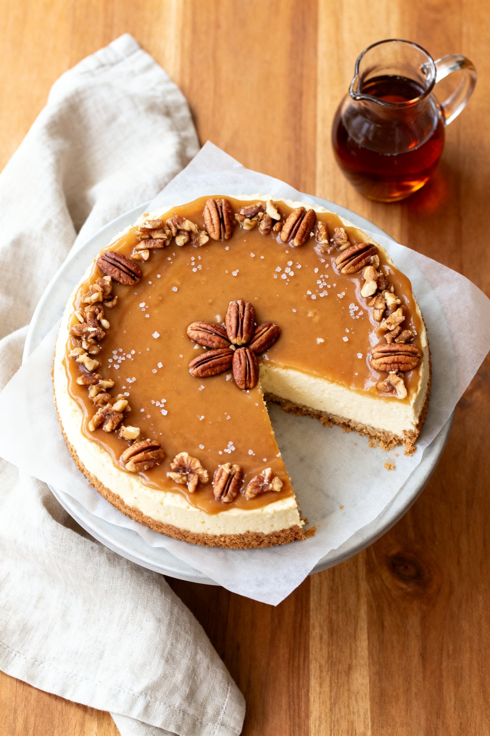 Tasty top view: Overhead shot of the finished Maple Pecan Cheesecake on a parchment-lined cake stand