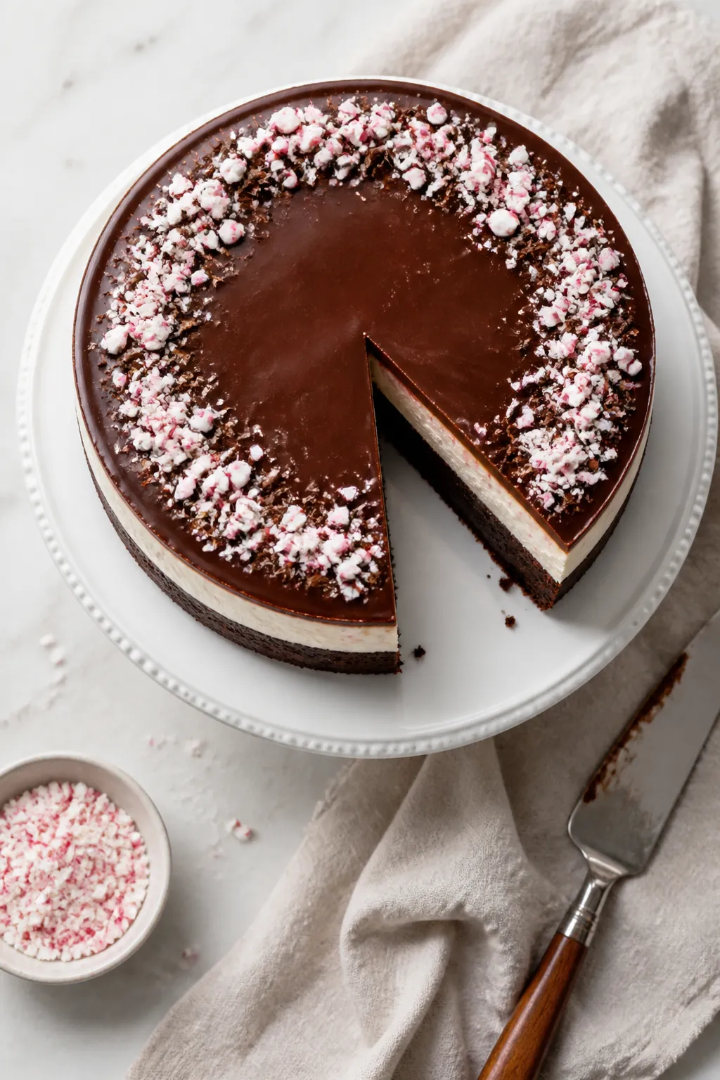 Tasty top view: Overhead shot of the finished Peppermint Brownie Cheesecake on a white cake stand—
