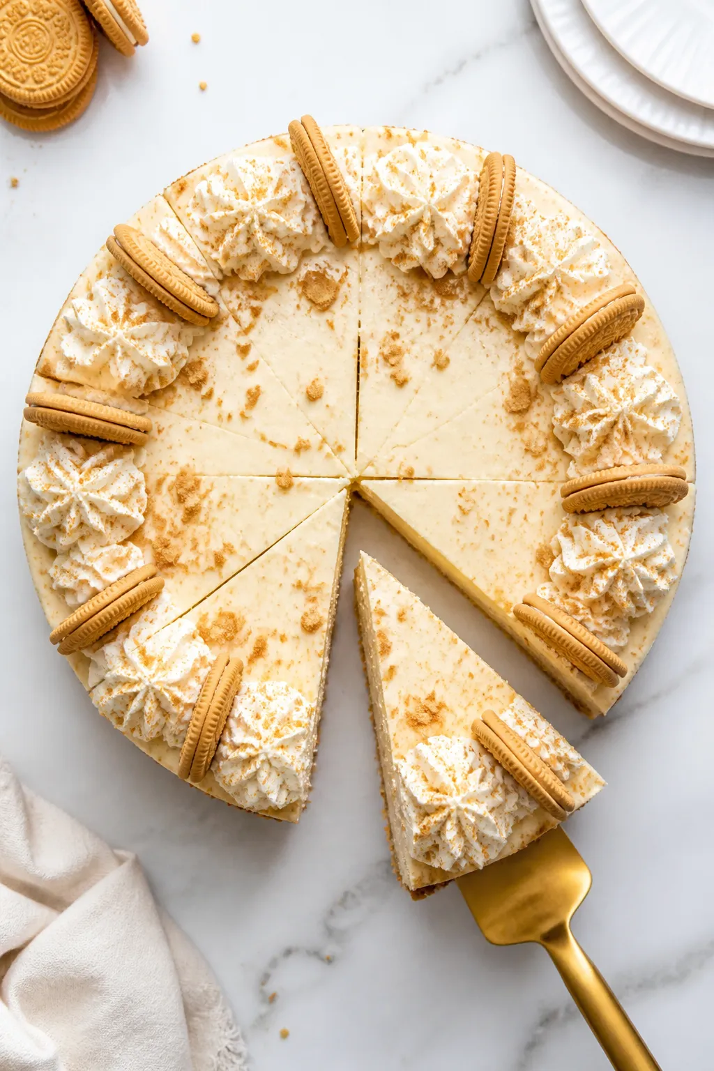 Tasty top view: Overhead shot of the fully chilled Golden Oreo Cheesecake on a marble surface, clean