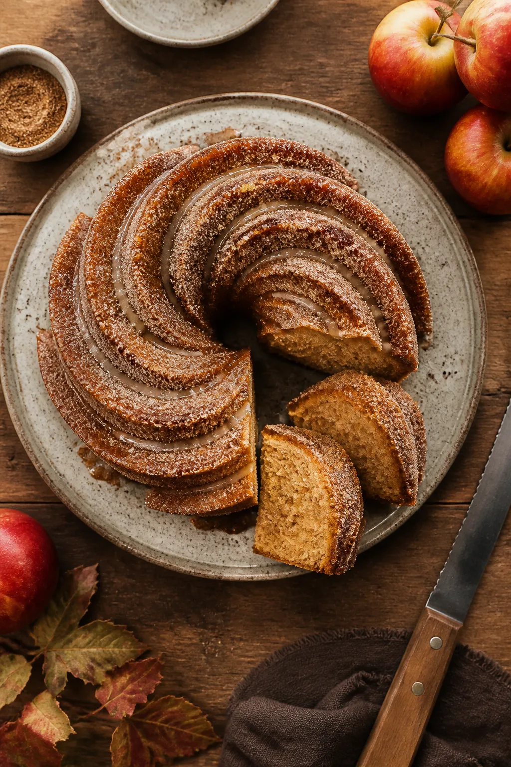Tasty top view: Overhead shot of the fully coated Apple Cider Donut Cake on a matte stoneware cake s