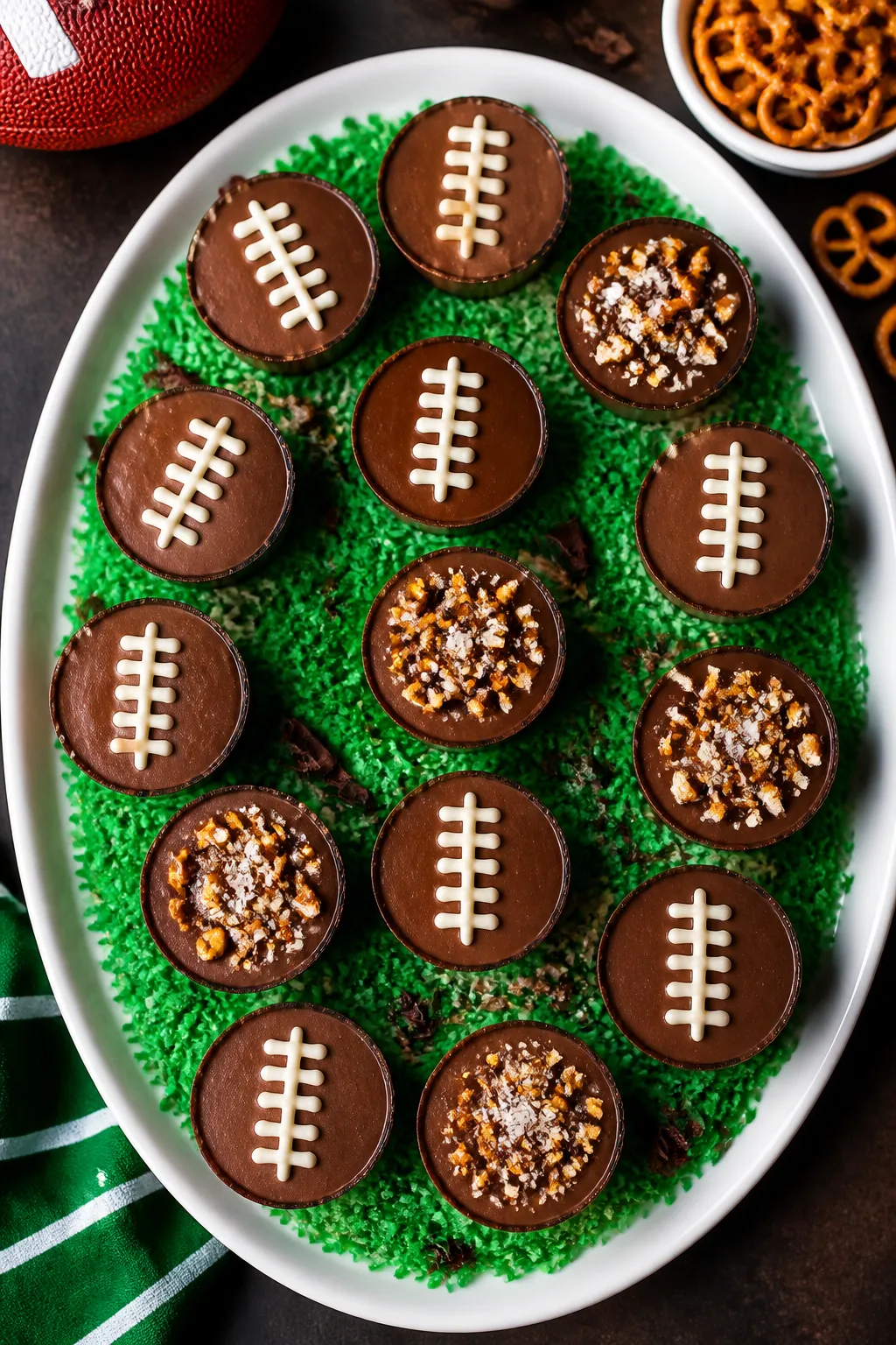 Tasty top-view platter: Overhead shot of multiple finished Football Chocolate Mousse Cups arranged o