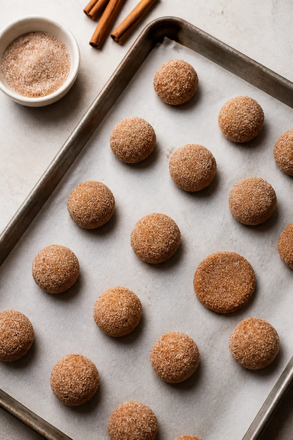 5-tablespoon size) rolled in the cinnamon–nutmeg sugar, ready to go into a 350°F oven. One or two
