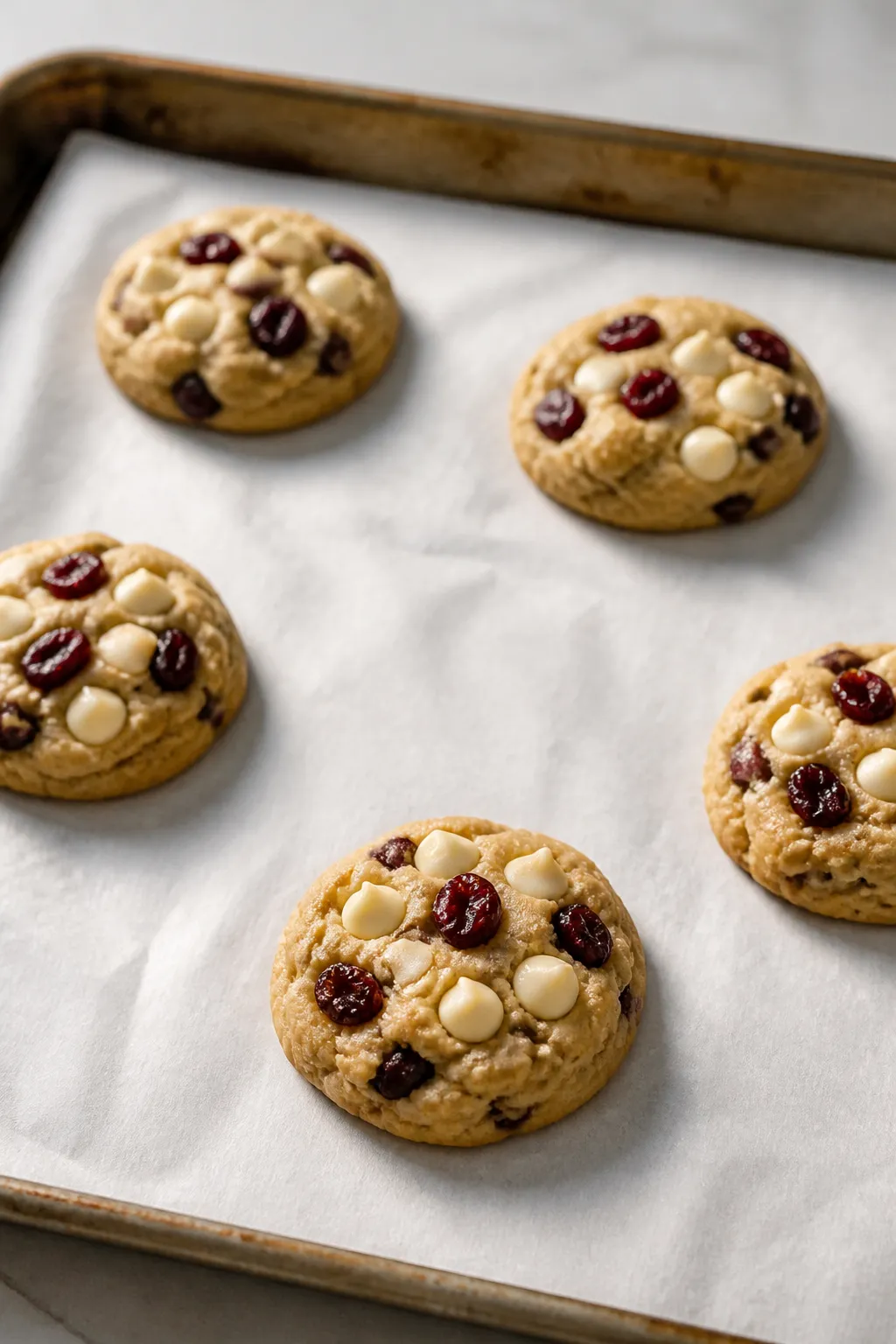 5 tablespoons, topped with a few extra white chocolate chips and cranberries for bakery-style tops; 