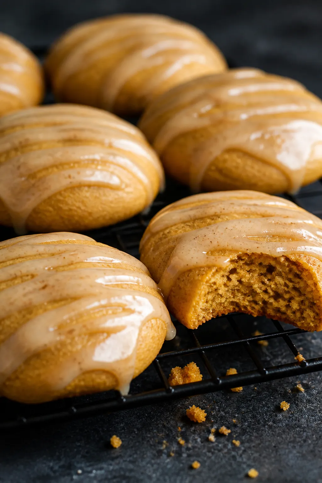 Close-up detail: A cluster of freshly baked pumpkin cookies cooling on a wire rack, pale golden and 