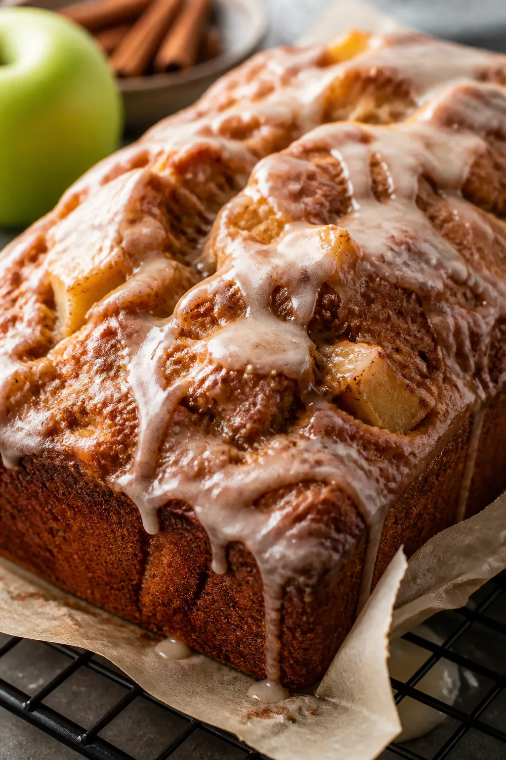 Close-up detail: A freshly baked Apple Fritter Bread loaf just out of the pan, shot at a slight angl