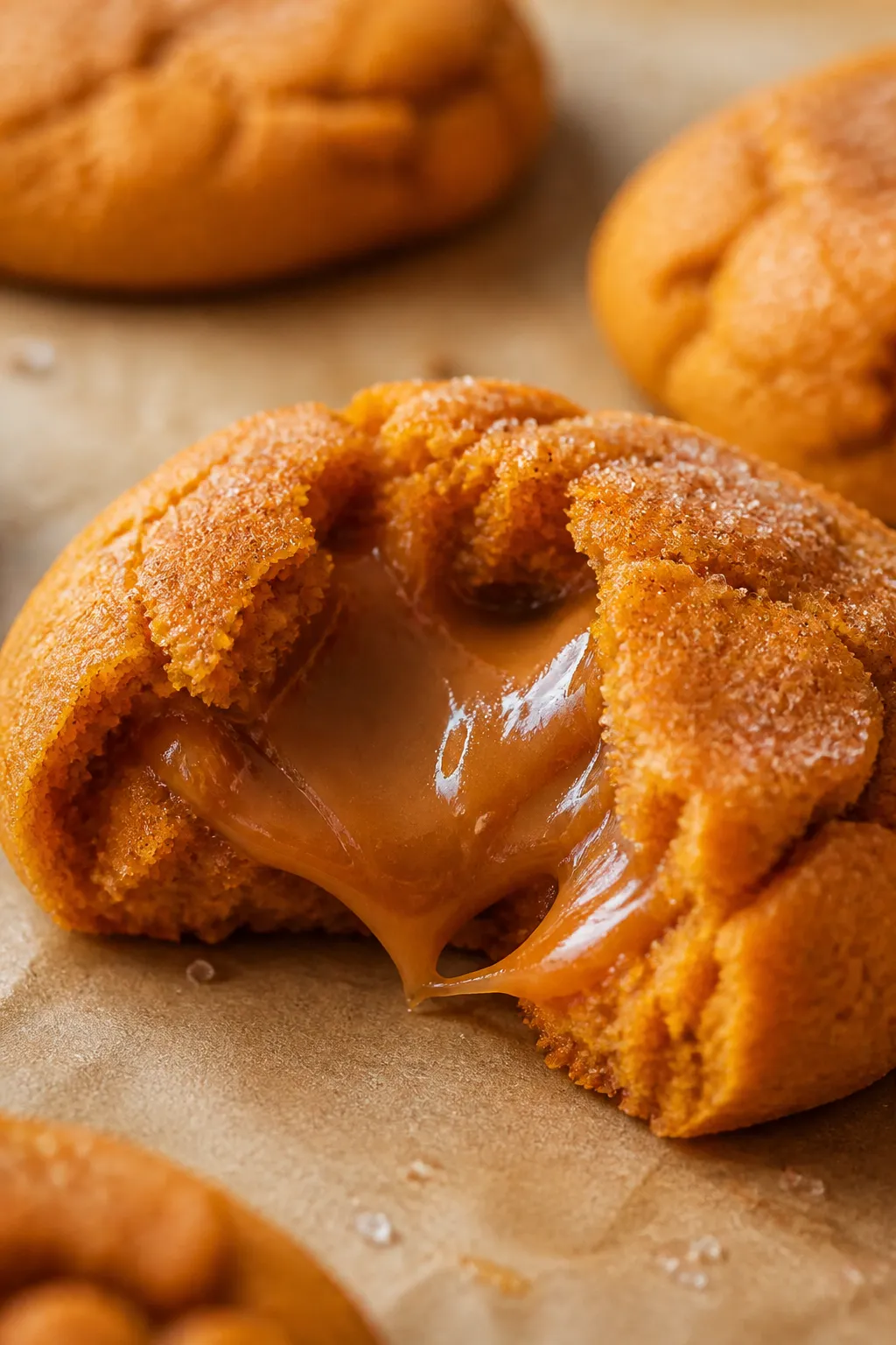 Close-up detail: A freshly baked caramel-stuffed pumpkin cookie just cracked open to reveal a molten