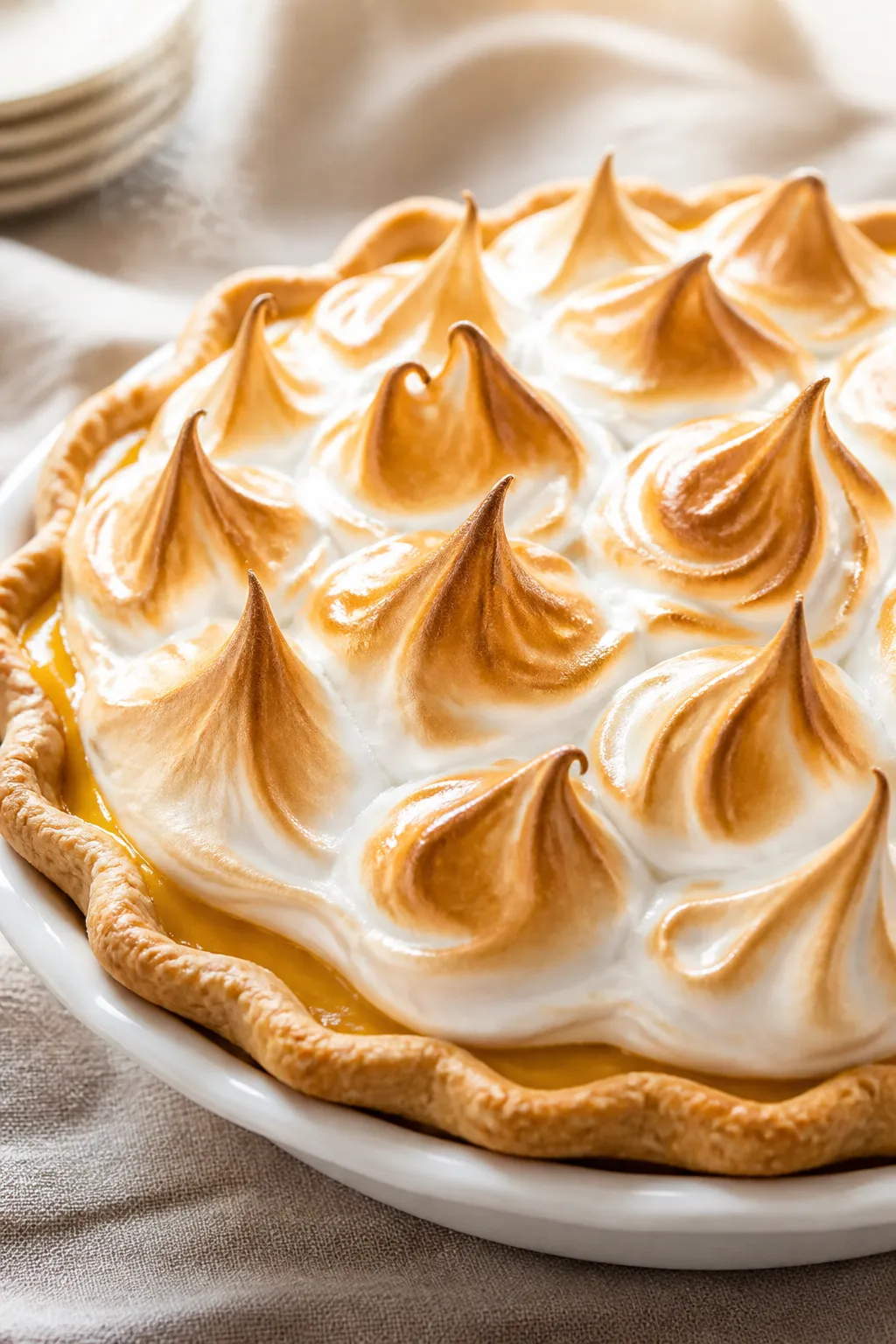 Close-up detail: A freshly baked Orange Meringue Pie just out of the oven with glossy, toasted merin