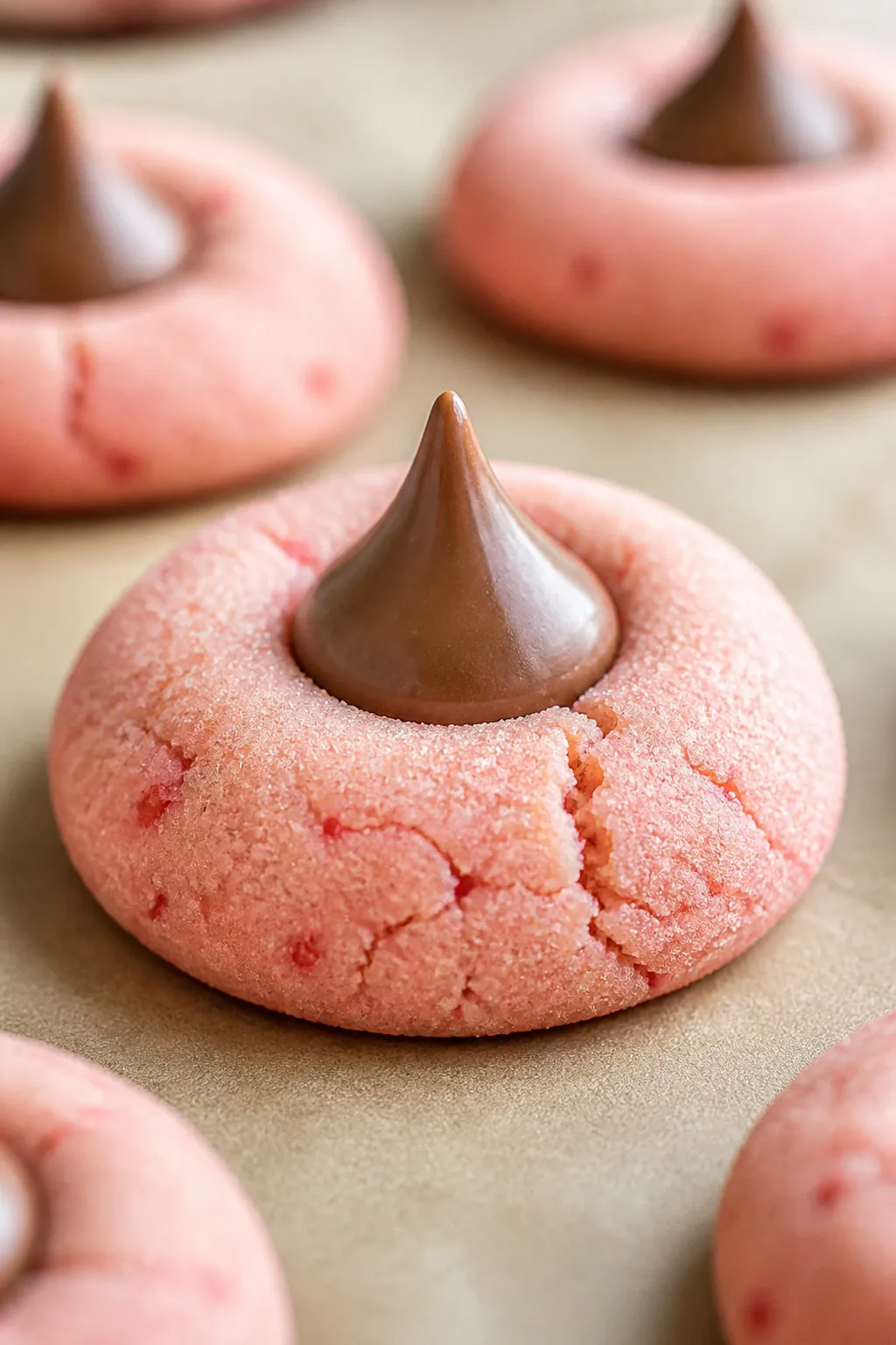 Close-up detail: A freshly baked pink strawberry kiss cookie just after the chocolate kiss is presse
