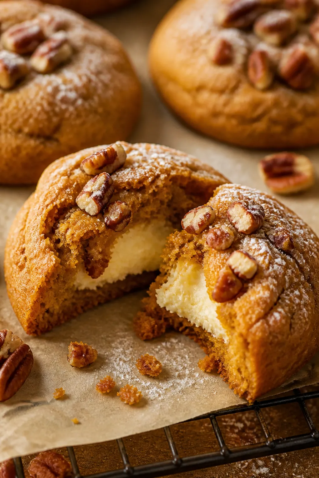 Close-up detail: A freshly baked Pumpkin Pecan Cheesecake Cookie torn open to reveal the creamy chee